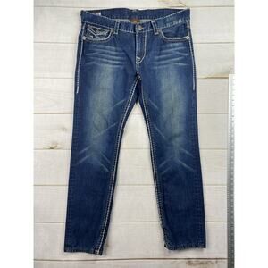 True Religion Billy Jeans 38 Dark Distressed Straight Contrast Embroidery USA